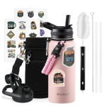WixByti 32 oz Insulated Water Bottle with Straw (Cold for 48 Hrs), Stainless Steel Triple Wall Vacuum Sports Water Jug, Leakproof Hydro Cup Flask with Paracord Handle & Straw Spout Lids & DIY Stickers