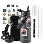 WixByti 32 oz Insulated Water Bottle with Straw (Cold for 48 Hrs), Stainless Steel Triple Wall Vacuum Sports Water Jug, Leakproof Hydro Cup Flask with Paracord Handle & Straw Spout Lids & DIY Stickers