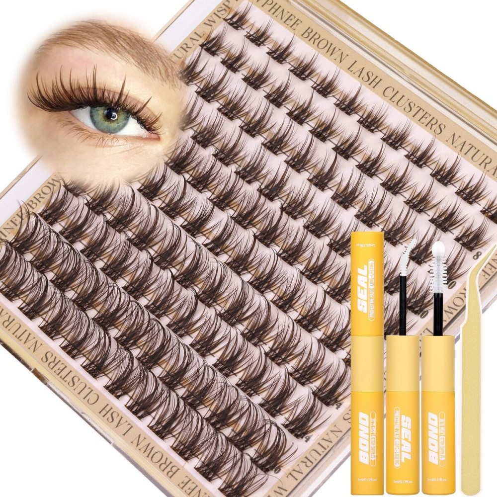 Brown Lash Clusters Kit Wispy Lashes Extensions Kit Natural Eyelash Clusters Waterproof Lash Bond and Seal Kit Dark Brown Cluster Lash C-Curly Individual Lash Pack 120Pcs DIY Lash Kit (8-16MM)