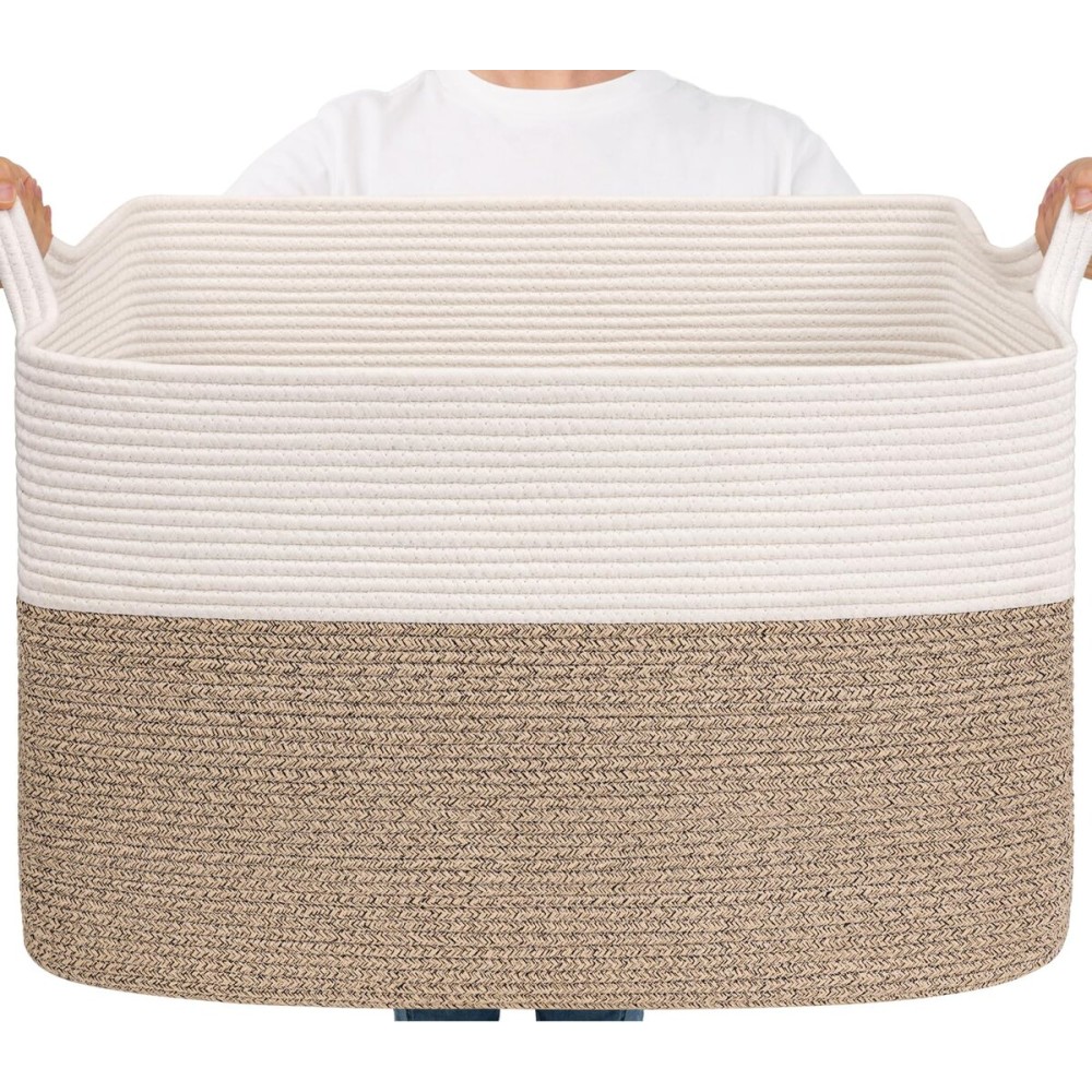 Goodpick Large Woven Blanket Basket 105L, 25x16x16 Cotton Rope Organizer for Toys, Dirty Clothes, Extra Large Rectangle Storage Basket for Living Room, Bedroom, White & Brown