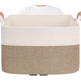 Goodpick Large Woven Blanket Basket 105L, 25x16x16 Cotton Rope Organizer for Toys, Dirty Clothes, Extra Large Rectangle Storage Basket for Living Room, Bedroom, White & Brown