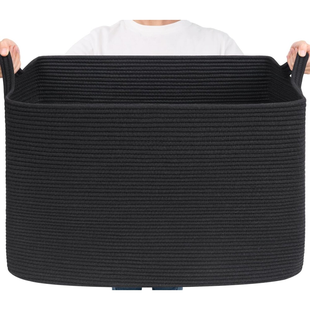 Goodpick Large Woven Storage Basket, 105L Extra Large Blanket Basket for Living Room, Bedroom, Rectangle Cotton Rope Organizer for Toy Storage, 25x16x16, Black
