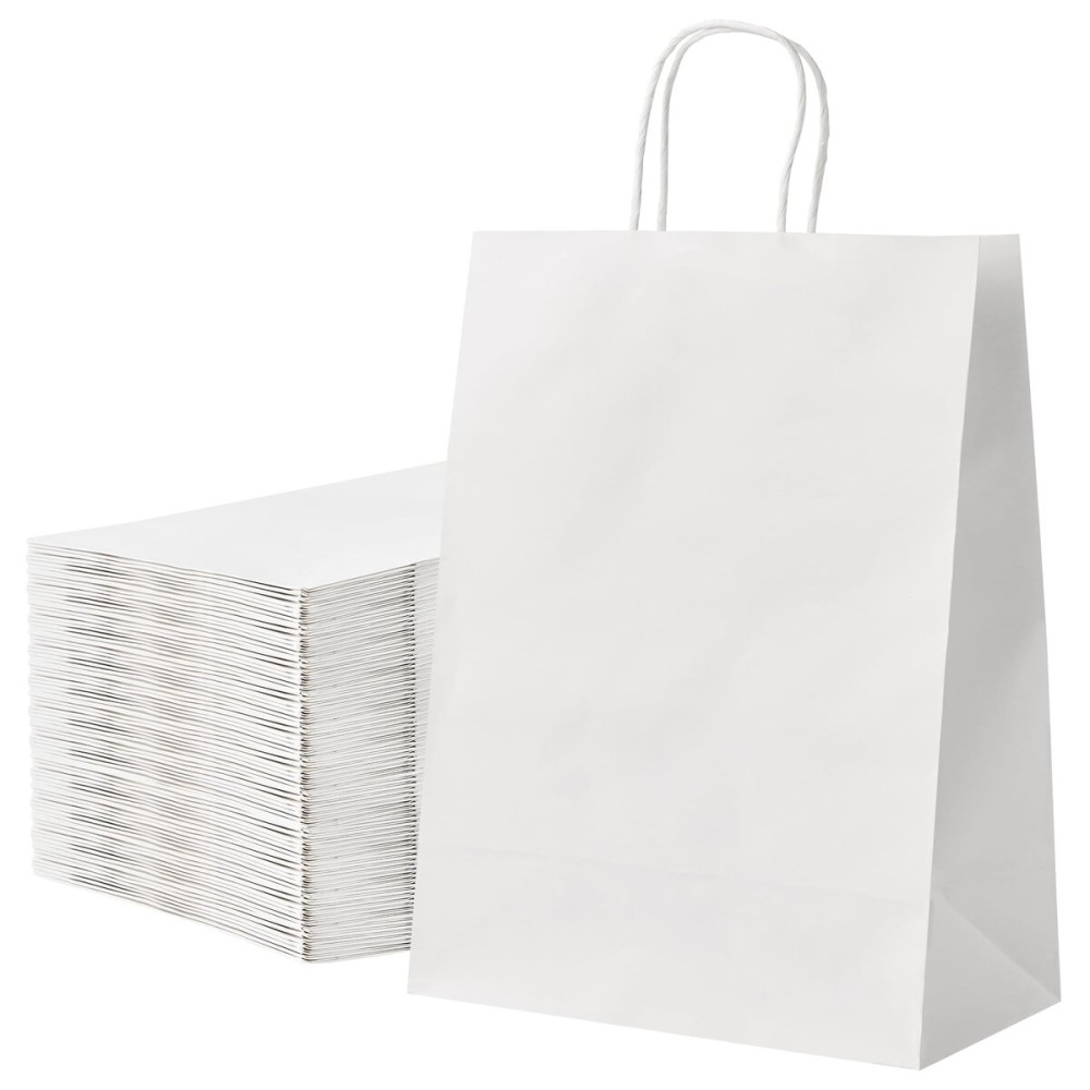 RACETOP 100 Pcs Kraft Shopping Bags 10x5x13 In White Paper Bags with Handles Bulk, Recycled Paper Gift Bag for Birthday Party Favors Grocery Retail Shopping Business