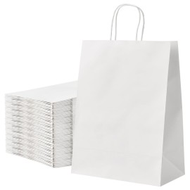 RACETOP 100 Pcs Kraft Shopping Bags 10x5x13 In White Paper Bags with Handles Bulk, Recycled Paper Gift Bag for Birthday Party Favors Grocery Retail Shopping Business