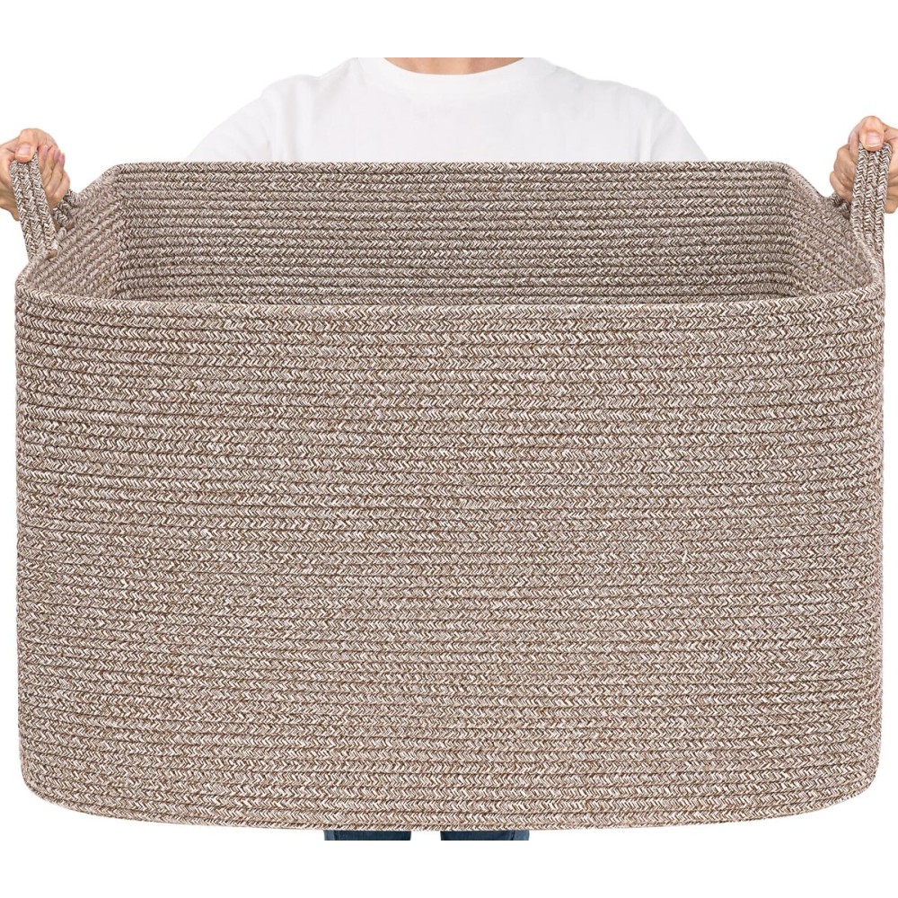 Goodpick 105L Large Woven Storage Basket, Rectangle Cotton Rope Basket for Blankets, Clothes, Oversized Toy Storage Organizer for Living Room, Nursery, 25x16x16, Brown