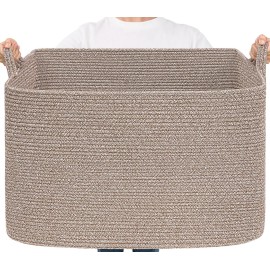 Goodpick 105L Large Woven Storage Basket, Rectangle Cotton Rope Basket for Blankets, Clothes, Oversized Toy Storage Organizer for Living Room, Nursery, 25x16x16, Brown