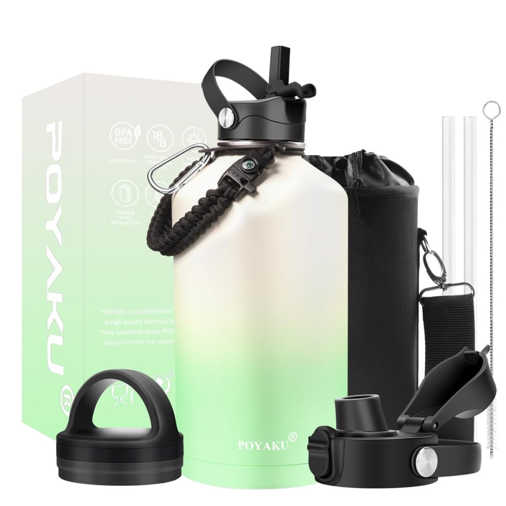 Water Bottle Insulated 32oz 40oz 64oz 128oz Straw Lid Spout Lid & 3 Lids, Leak Proof, Vacuum Insulated,Stainless Steel Water Bottle Wide Mouth for Sports, Gym or Office (Vanilla Green, 64 oz)