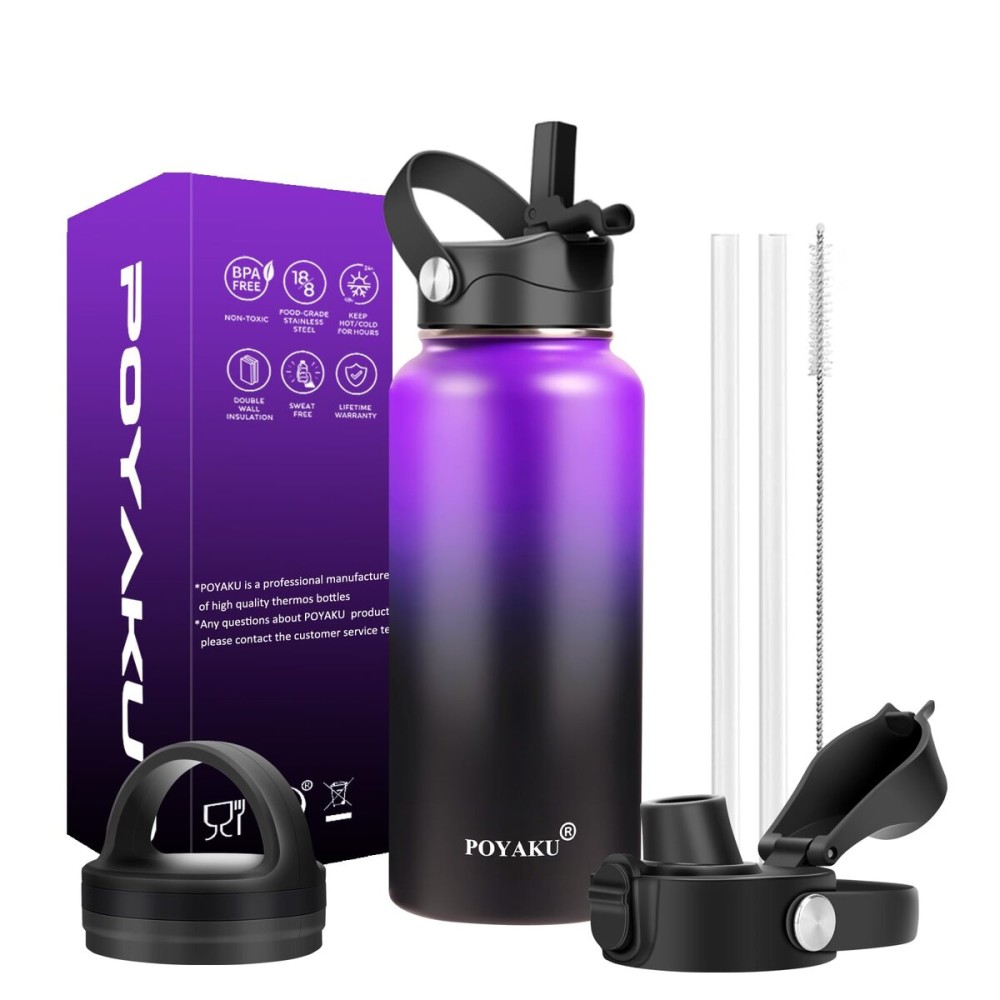 Water Bottle Insulated 32oz 40oz 64oz 128oz Straw Lid Spout Lid & 3 Lids, Leak Proof, Vacuum Insulated,Stainless Steel Water Bottle Wide Mouth for Sports, Gym or Office (Purple Black, 40 oz)