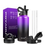 Water Bottle Insulated 32oz 40oz 64oz 128oz Straw Lid Spout Lid & 3 Lids, Leak Proof, Vacuum Insulated,Stainless Steel Water Bottle Wide Mouth for Sports, Gym or Office (Purple Black, 40 oz)