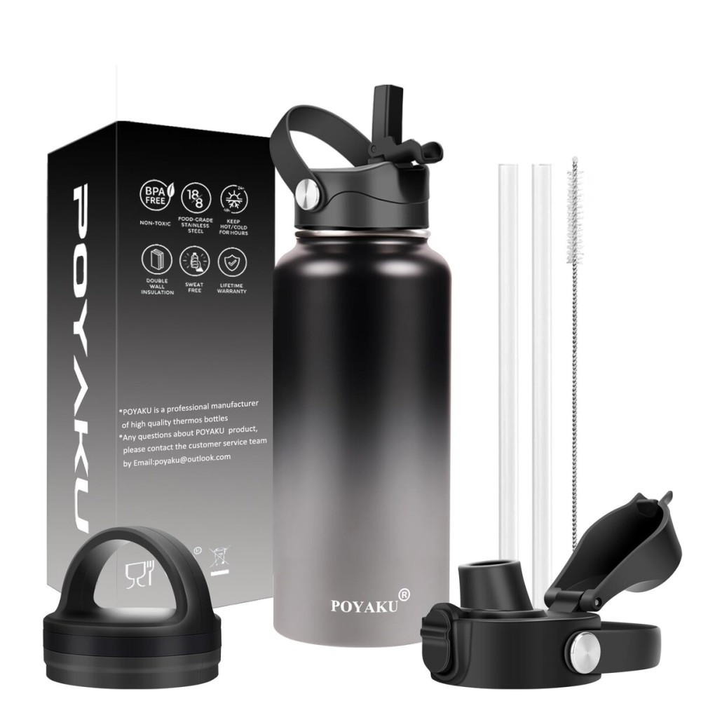 Water Bottle Insulated 32oz 40oz 64oz 128oz Straw Lid Spout Lid & 3 Lids, Leak Proof, Vacuum Insulated,Stainless Steel Water Bottle Wide Mouth for Sports, Gym or Office (Shadow, 32 oz)