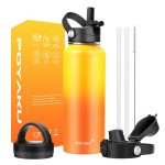 Water Bottle Insulated 32oz 40oz 64oz 128oz Straw Lid Spout Lid & 3 Lids, Leak Proof, Vacuum Insulated,Stainless Steel Water Bottle Wide Mouth for Sports, Gym or Office (Yellow Orange, 40 oz)