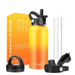 Water Bottle Insulated 32oz 40oz 64oz 128oz Straw Lid Spout Lid & 3 Lids, Leak Proof, Vacuum Insulated,Stainless Steel Water Bottle Wide Mouth for Sports, Gym or Office (Yellow Orange, 32 oz)
