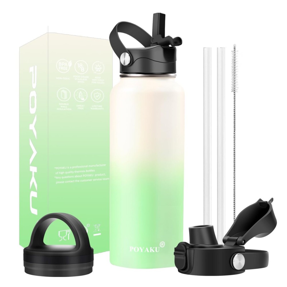 Water Bottle Insulated 32oz 40oz 64oz 128oz Straw Lid Spout Lid & 3 Lids, Leak Proof, Vacuum Insulated,Stainless Steel Water Bottle Wide Mouth for Sports, Gym or Office (Vanilla Green, 40 oz)