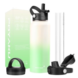 Water Bottle Insulated 32oz 40oz 64oz 128oz Straw Lid Spout Lid & 3 Lids, Leak Proof, Vacuum Insulated,Stainless Steel Water Bottle Wide Mouth for Sports, Gym or Office (Vanilla Green, 40 oz)