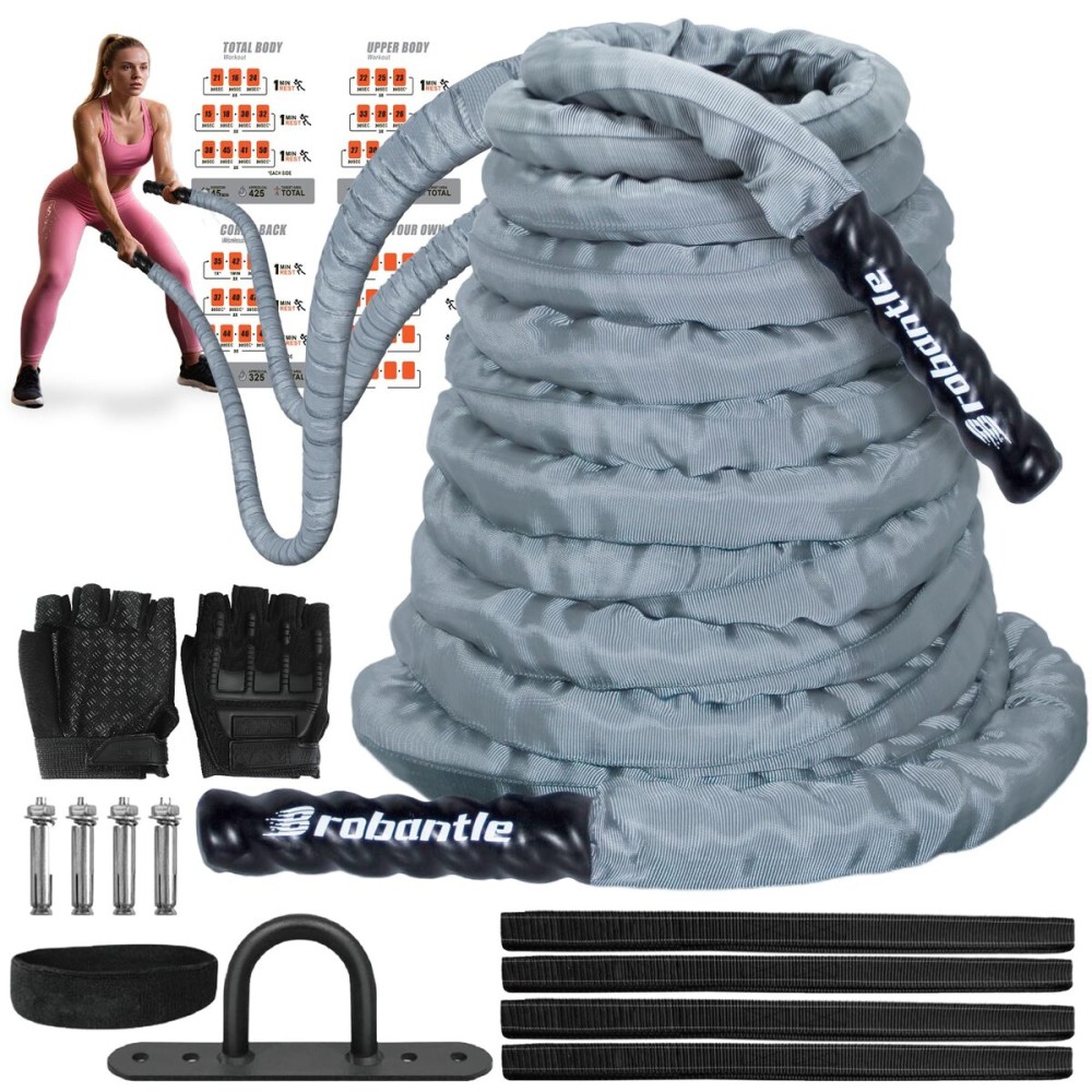 Brobantle Battle Rope 1.5 Inch Diameter,Gray 30FT Exercise Workout Ropes for Home Gym Heavy Weighted Training Rope for Working Out