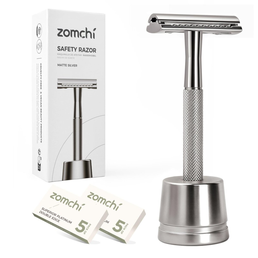 ZOMCHI Double Edge Safety Razor Kit for Men & Women, Reusable Metal Razor with Stand and 10 Blades, Eco-Friendly Plastic-Free Shaving - Matte Silver