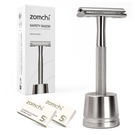 ZOMCHI Double Edge Safety Razor Kit for Men & Women, Reusable Metal Razor with Stand and 10 Blades, Eco-Friendly Plastic-Free Shaving - Matte Silver