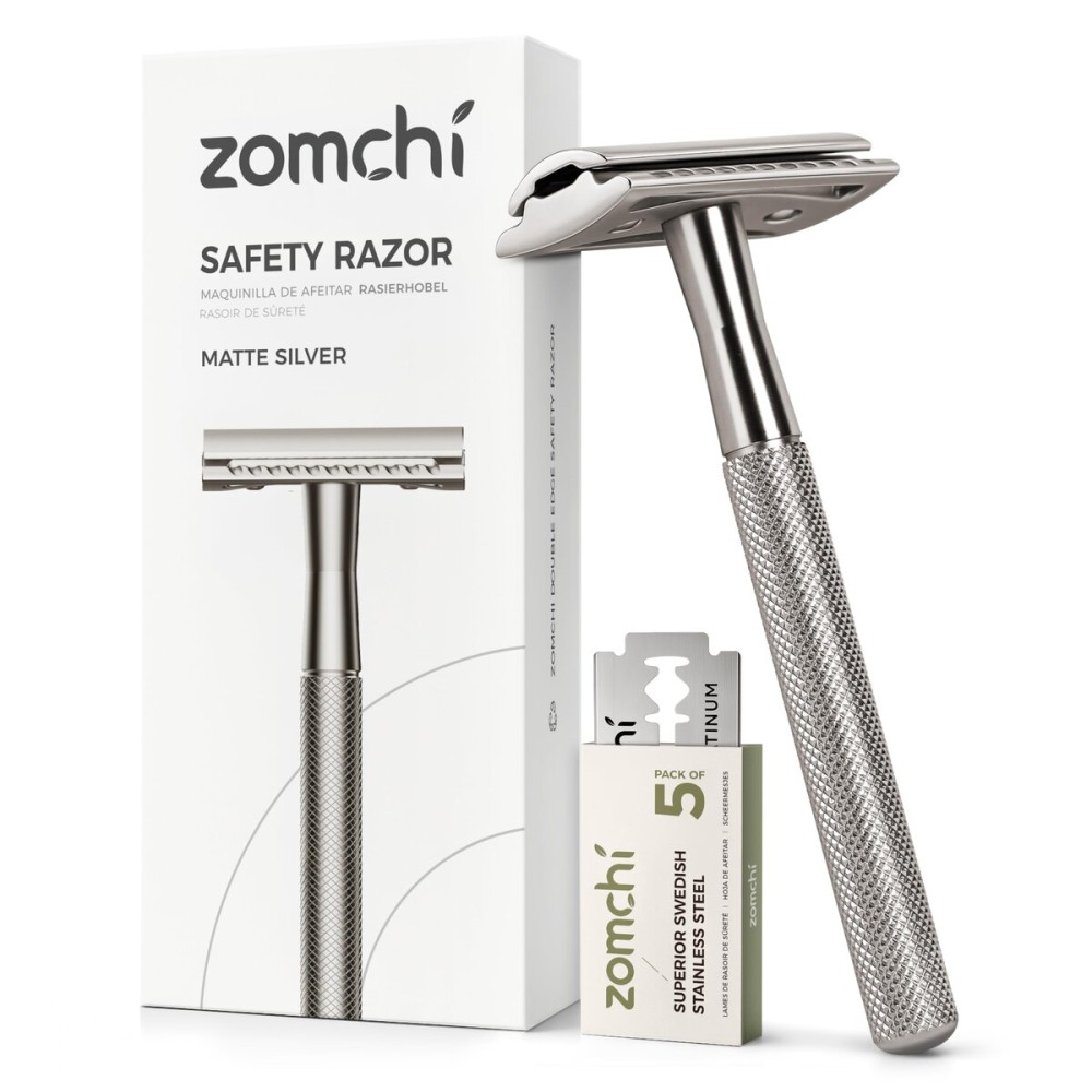 ZOMCHI Double Edge Safety Razor for Men & Women, Eco-Friendly Metal Shaver with 5 Refill Blades, Reusable Manual Razor for Smooth Close Shave - Matte Silver