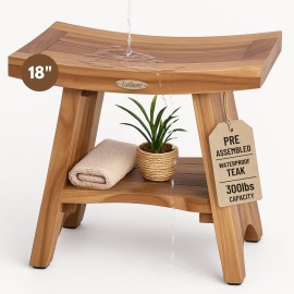 EcoDecors Teak Shower Bench with Shelf 18, 300 lb Capacity - Fully Assembled Waterproof Wood Spa Seating for Adults - Compact Fit for Small Bathrooms & Walk-in Showers - Slip-Resistant Feet