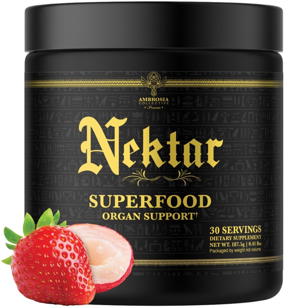 Ambrosia Nektar - Superfood Powder | Daily Organ Support Supplement | Greens Powder Alternative | 13 Superfoods for Energy, Digestion, Skin Health & Immune Support | 30 Servings | Strawberry Lychee