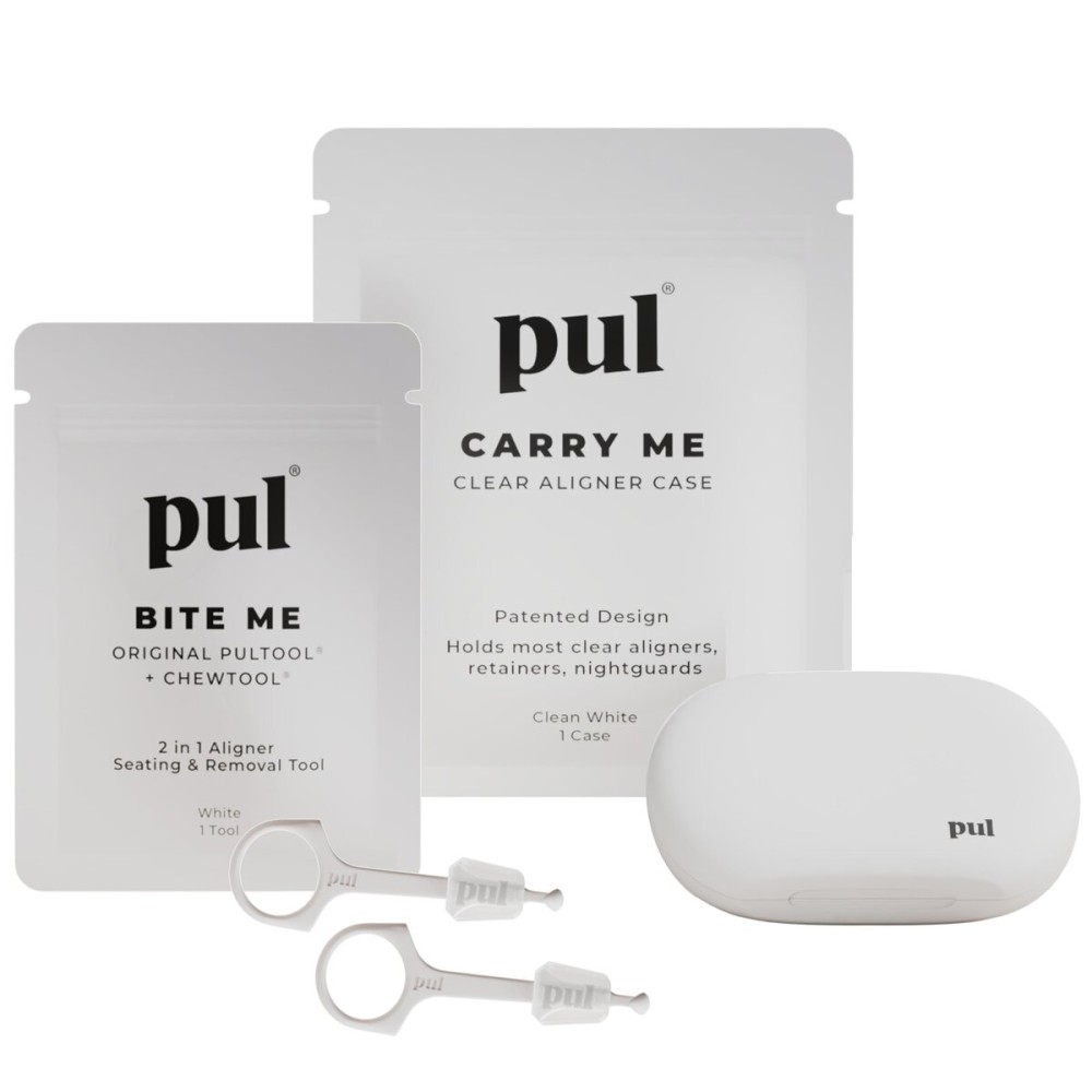 PUL Aligner Care Convenience Kit - Case + 2-in-1 Tool for Invisalign, Retainers, Partial Dentures, Mouth & Night Guards & More - White Case & 2-Pack of White Aligner Seating Chewie & Removal Tool