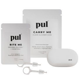 PUL Aligner Care Convenience Kit - Case + 2-in-1 Tool for Invisalign, Retainers, Partial Dentures, Mouth & Night Guards & More - White Case & 2-Pack of White Aligner Seating Chewie & Removal Tool