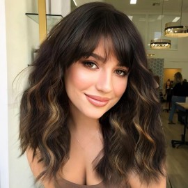 Ucubb Short Bob Wavy Wig with Bangs for Women Loose Curly Wig Look natural Shoulder Length Bob Wigs