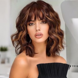 Ucubb Short Bob Wavy Wig with Bangs for Women Loose Curly Wig Look natural Shoulder Length Bob Wigs