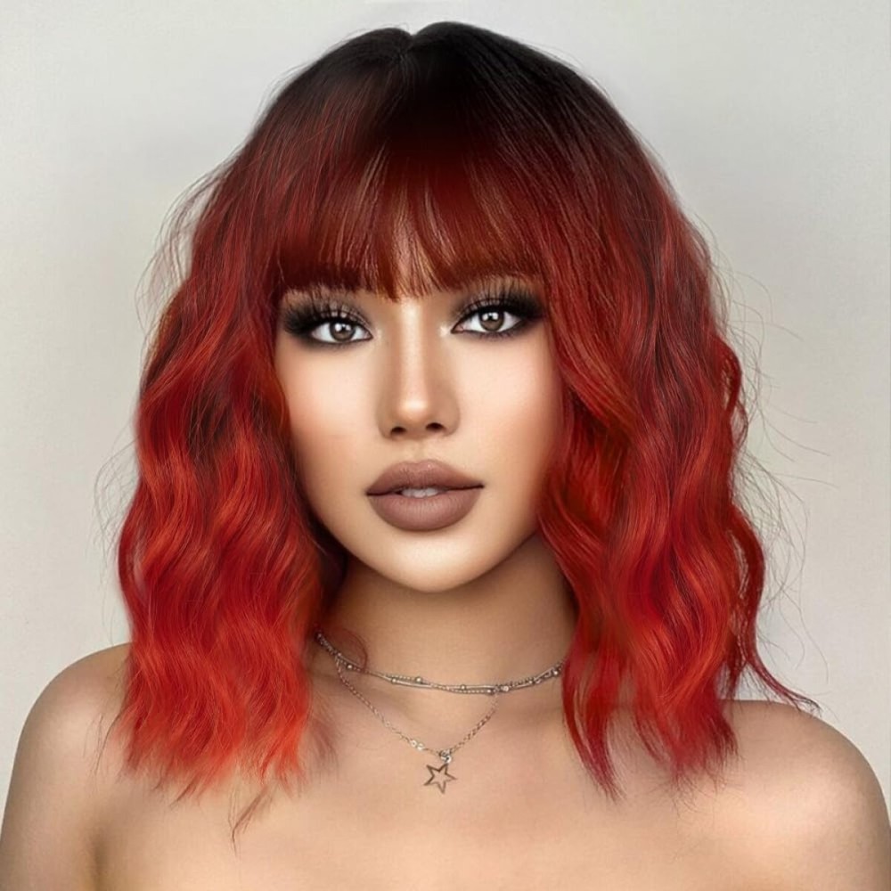 Ucubb Short Bob Wavy Wig with Bangs for Women Loose Curly Wig Look natural Shoulder Length Bob Wigs