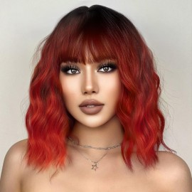 Ucubb Short Bob Wavy Wig with Bangs for Women Loose Curly Wig Look natural Shoulder Length Bob Wigs