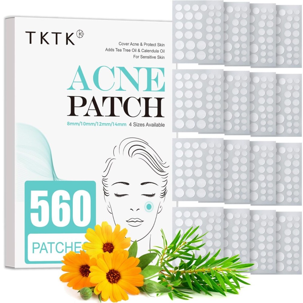 TKTK Pimple Patch Acne Patch, 4 Sizes 560 Patches Acne Absorbing Cover Patch, Hydrocolloid Invisible Acne Patches For Face Zit Patch Acne Dots Tea Tree, Calendula Oil - 4 Pack