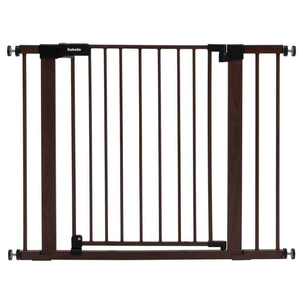 Mom\'s Choice Award Winner-BABELIO 26-40 Metal Baby Gate with Black Wood Pattern, PressGuard C5 Easy Install Pressure Mounted Dog Gate for Stairs and Doorways, with Wall Protectors and Extension Kits