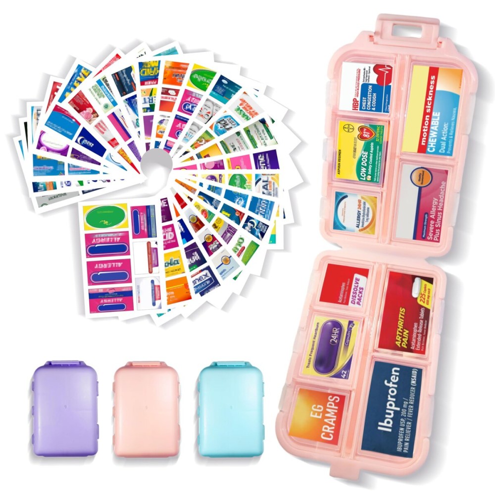 Pill Organizer with Medicine Labels 146 Labels Travel Daily Pill Container Mini Medication Organizer Storage Travel Essentials Pill Case 7 Day Pill Organizer (Blue+Pink+Purple, 3 Packs)