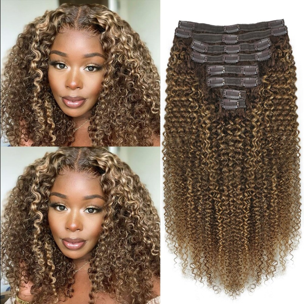 Kinky Curly Clip in Hair Extensions Real Human Hair 4/27/4 Omber Kinky Curly Clip ins For Women 3c 4a Brazilian Virgin Clip on Hair (12inch,4/27/4)