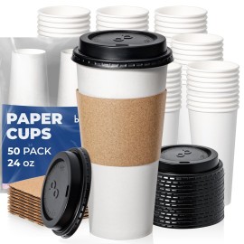 Fit Meal Prep 24 oz 50 Pack To Go Coffee Cups with Lids and Sleeves, Disposable Paper Coffee Cups with Lids for Hot/Cold Beverage