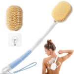 Rafow Ergonomic Back Scrubber for Shower - Anti Slip Long Handle Bath Brush with Stiff and Soft Bristles - Showering Exfoliator Wet or Dry Brushing for Women, Men, Elderly (Curved Handle Blue)