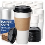 Fit Meal Prep 24 oz 100 Pack To Go Coffee Cups with Lids and Sleeves, Disposable Paper Coffee Cups with Lids for Hot/Cold Beverage