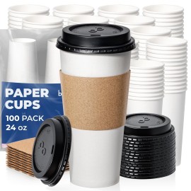 Fit Meal Prep 24 oz 100 Pack To Go Coffee Cups with Lids and Sleeves, Disposable Paper Coffee Cups with Lids for Hot/Cold Beverage