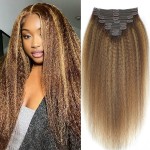 Mihugass Kinky Straight Clip in Hair Extensions Real Human Highlight Clip ins For Women Unprocessed Clip on Hair Extensions(16inch,4/27/4)