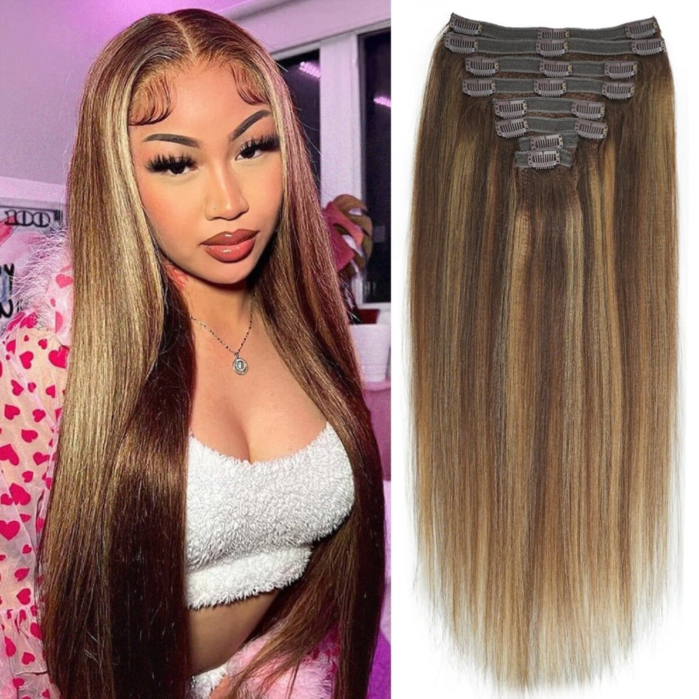 Mihugass 4/27/4 Highlight Yaki Straight Clip in Hair Extensions Real Human Hair Omber Clip ins For Women Yaki Straight Clip on Hair(12inch,4/27/4)