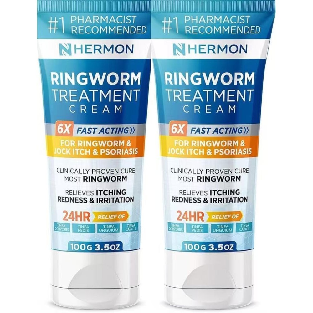 Hermon Powerful Antifungal Ringworm Cream - Effective Treatment for Stubborn Ringworm, Jock Itch, Eczema, Tinea Versicolor, Athlete\'s Foot - for Adults and Kids - 100ml (2 Pack)