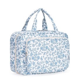 Narwey Travel Toiletry Bag for Women Large Hanging Makeup Bag Organizer Toiletries Bag for Full Size Essentials Accessories Cosmetics (Little Blue Flower (Large))