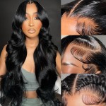 ULRICA Body Wave Lace Front Wigs Human Hair Pre Plucked 13x4 HD Transparent Lace Body Wave Human Hair Wig for Black Women 250 Density 26 Inch Natural Color