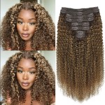 Kinky Curly Clip in Hair Extensions Real Human Hair 4/27/4 Omber Kinky Curly Clip ins For Women 3c 4a Brazilian Virgin Clip on Hair (18inch,4/27/4)