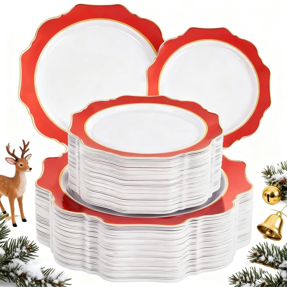 WDF 100PCS Red Plates Disposable - Heavy Duty Christmas Plates 50 Guests Red Plastic Plate for Party/Christmas