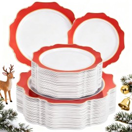WDF 100PCS Red Plates Disposable - Heavy Duty Christmas Plates 50 Guests Red Plastic Plate for Party/Christmas