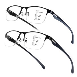 SKYOAK 2 Pack Mens Premium Progressive Multifocus Reading Glasses, TR90 Temples Blue Light Blocking Anti UV/Eye Strain Computer Readers No-Line Half Frame Multifocal Eyeglasses,Black and Gunmetal 3.0x