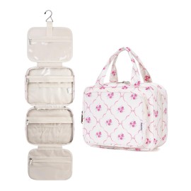 Narwey Hanging Toiletry Bag for Women Travel Makeup Bag Organizer Toiletries Bag for Travel Size Essentials Accessories Cosmetics (Bowknot and Flower (Medium))