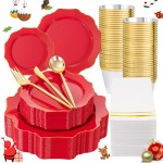 WDF 175Pcs Red Plates - Red Plastic Plates with Gold Rim - Fancy Disposable Dinnerware Sets Ideal for Party/Wedding/Christmas