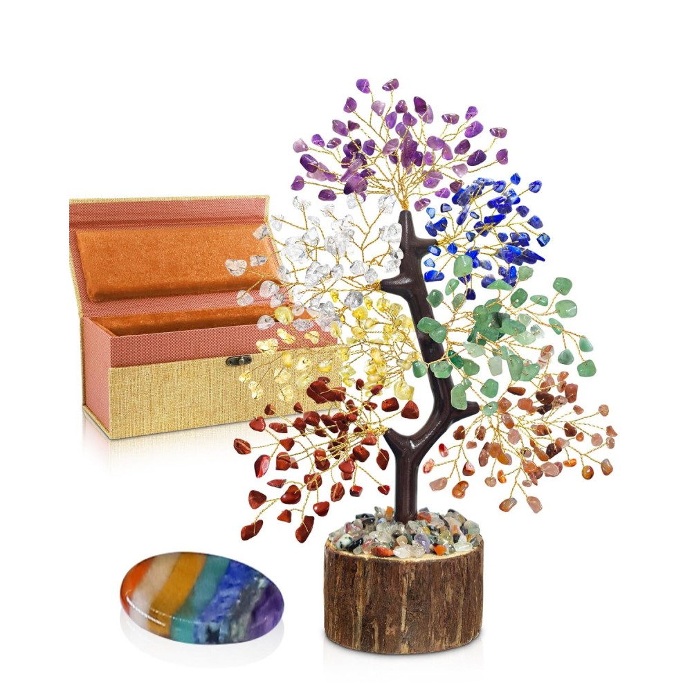 7 Chakra Crystal Tree of Life with Worry Stone (Set 2) - Unique Birthday Gifts for Women, Gift for Mom, Chakra Healing Trees Positive Energy for Home Decor, Office Desk Decor, Christmas Gifts